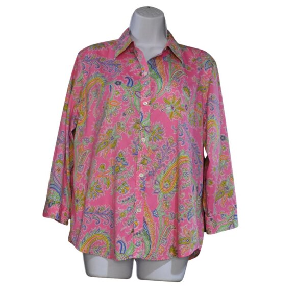 Lauren Ralph Lauren Tops - Lauren Ralph Lauren Blouse L Neon Pink Paisley Cotton Button Up Resort Chic